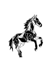 Fototapeta premium A geometric black horse illustration, composed of sharp polygons, prances dynamically against a white background, symbolizing modern minimalism and abstract elegance in digital art.