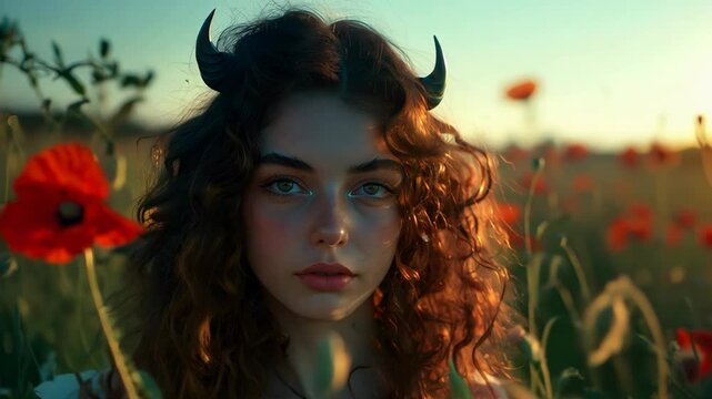 In a breathtaking field of vibrant poppies, a girl with enchanting features and devilish horns stands gracefully. The warm glow of sunset enhances the magical atmosphere surrounding her.