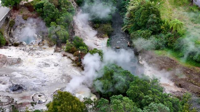 Furnas hot thermal springs, Sao Miguel Island, Azores, Portugal. Aerial 4K drone video footage of Furnas village and Caldeira do Asmodeu