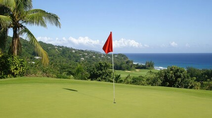 Obraz premium Scenic Golf Course with Ocean View and Flag