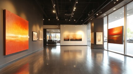 Modern Art Gallery Interior with Abstract Paintings