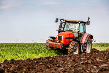 Obraz premium Tractor cultivating fertile soil on a sunny day, preparing the land for the upcoming planting season