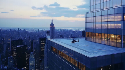 Obraz premium A helicopter sits on the helipad of a skyscraper overlooking the city skyline at dusk.