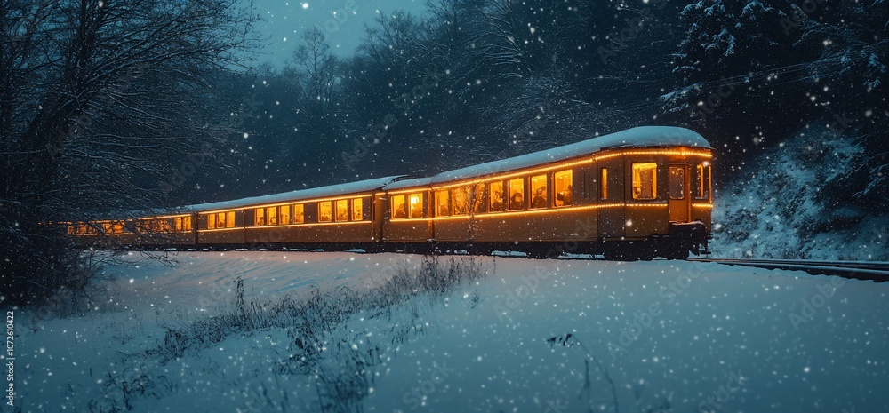 Poster A train runs through a snowy forest at night, illuminated by its warm lights.