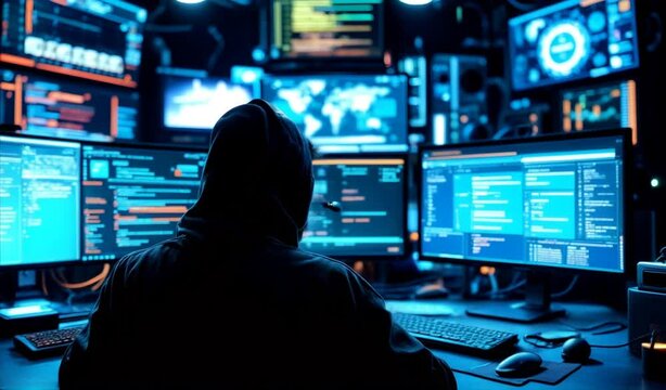 Hacker on his back sitting in a chair with a desk with multiple screens performing cybercrime 