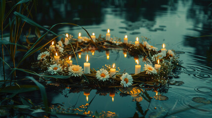 Flower wreath with candles floating on water. Summer Solstice Day, Midsummer, Litha, Ivan Kupala celebration. Slavic pagan holiday. Wiccan ritual, witchcore aesthetics
