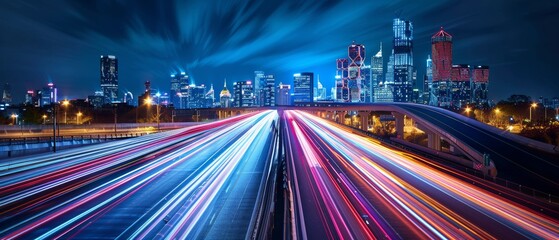 Vibrant city highway at night with colorful light trails from speeding vehicles, showcasing urban