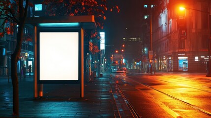Nighttime city street scene featuring a bus stop with a white banner lightbox for media advertisements