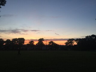 Peaceful sunset scene in a park, featuring silhouettes of trees against a colorful sky, perfect for relaxation and evening themes.