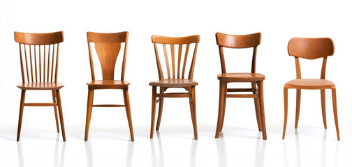 Set of unique retro wooden chairs on a white background. A lineup of five classic style wooden chairs highlighting different styles and features. Vintage wooden chairs collection.