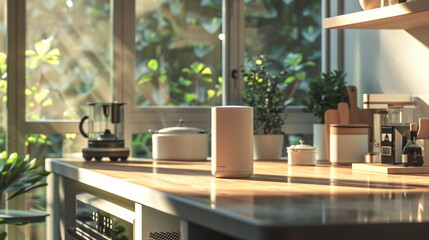 White smart speaker placed on a cozy kitchen table, with a cityscape visible through large windows. Modern comfort and technology concept.