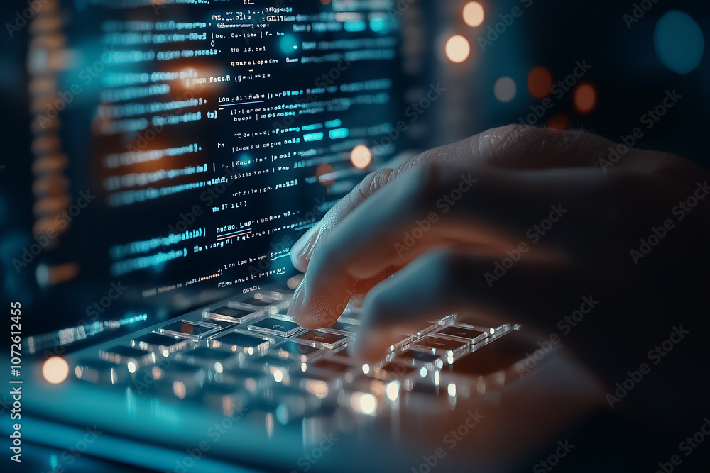 Poster a person is focused on coding as their hands move swiftly over the laptop keyboard in a dark environ