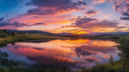 A stunning sunset paints the sky with vibrant hues, reflecting on a serene lake and inviting tranquility.