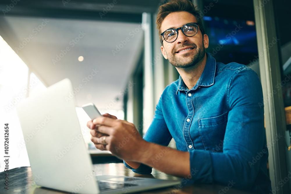 Aufkleber business man, phone and thinking for networking, research and project management with kpi app in off