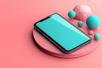 modern blue mobile phone rests on pink circular platform, surrounded by colorful geometric shapes. vibrant colors create playful and dynamic atmosphere