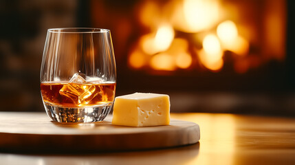 Enjoying a glass of whiskey paired with cheese, nestled by the crackling fireplace on a chilly evening