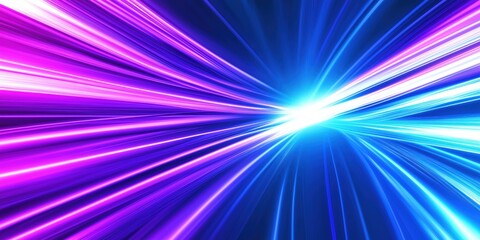 Abstract streaks move fast in dynamic effect. Blue, purple neon rays converge in white. Modern design, digital art, futuristic concept. For tech, space, motion, speed, energy, night, science.