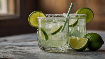 Iced limeade in a vintage glass with lime slices and a striped straw, creating a nostalgic and refreshing vibe.