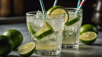 Iced limeade in a vintage glass with lime slices and a striped straw, creating a nostalgic and refreshing vibe.