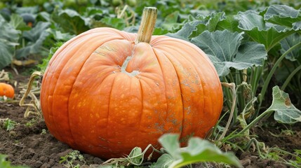 Large pumpkin in a pumpkin field.