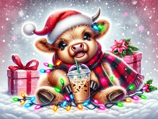 Fototapeta premium Cute baby Highland cow wearing a Santa hat and plaid scarf, sipping iced coffee surrounded by Christmas lights, pink gifts, and festive decorations.