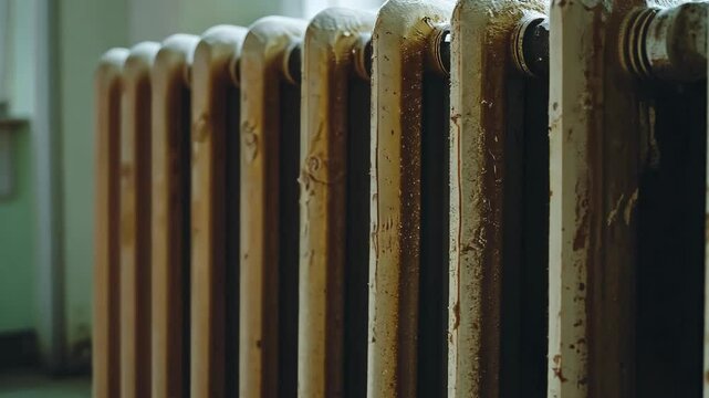 A close-up view of a cast iron radiator in an old building, showing the details of the weathered metal