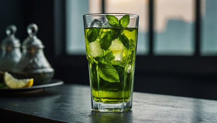 Cold green tea in a tall glass, garnished with fresh mint leaves, ice cubes, and a hint of condensation on the glass.