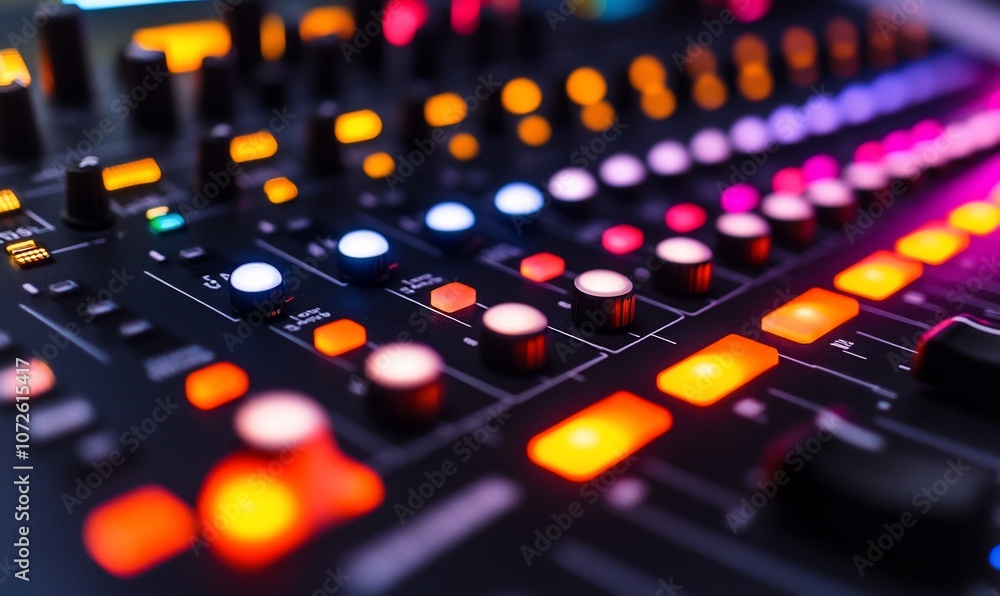 Poster close up of a professional audio mixing console with glowing buttons and knobs.