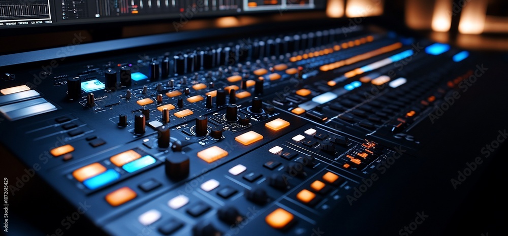 Poster close up of a professional audio mixing board with illuminated buttons and faders.