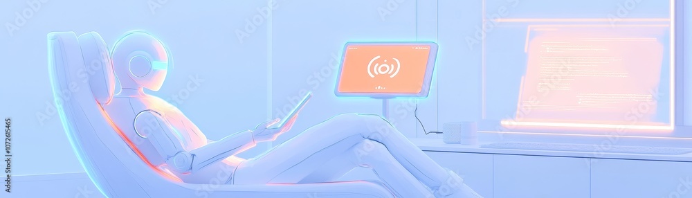 Aufkleber explore how a futuristic robot engages with technology in a modern workspace setting