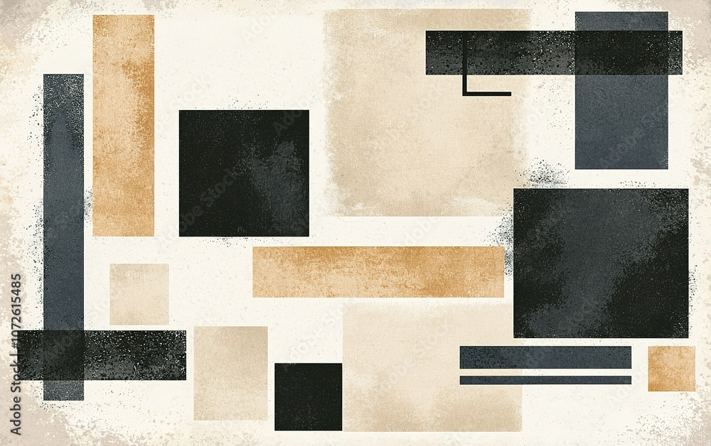Poster geometric abstract art composition featuring various shapes and colors on a textured background