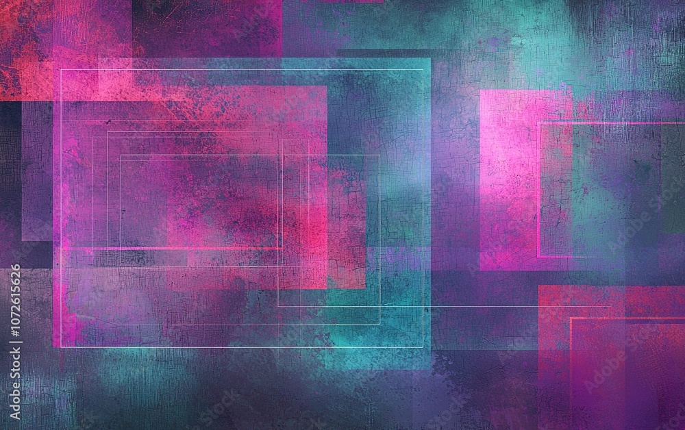 Poster abstract geometric design featuring vibrant colors and layered shapes on a textured background