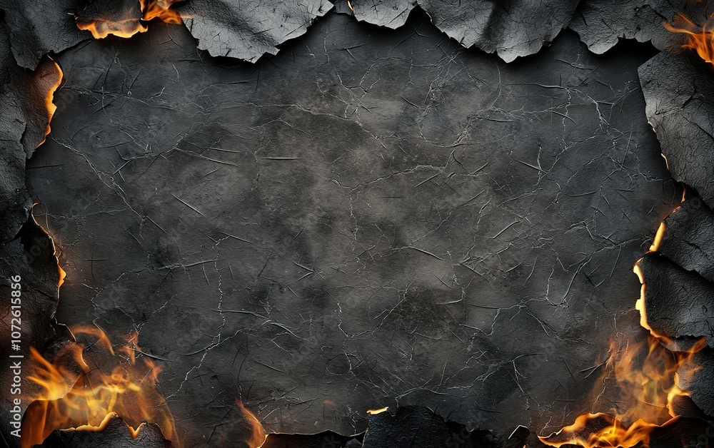 Poster a textured black wall with cracks and fiery edges illuminated in a dramatic display of contrast and 