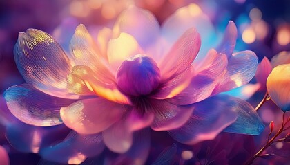 Close-up of a vibrant pink and blue flower with delicate petals, glowing with a soft light.