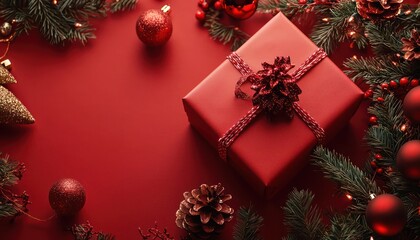 Red Gift Box and Christmas Decorations - A Christmas background with a red gift box and festive decorations on a red background.