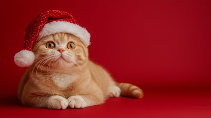 Naklejka premium cute cat in santa claus hat on red background, isolated