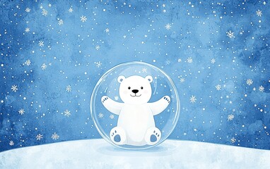 Fototapeta premium A playful polar bear sits inside a snow globe surrounded by snowflakes on a winter day in a serene blue landscape