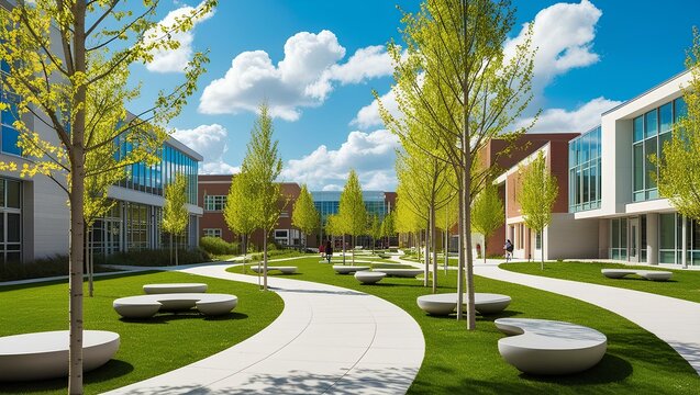 A serene grassy area featuring benches and trees, providing a peaceful outdoor space for relaxation and enjoyment