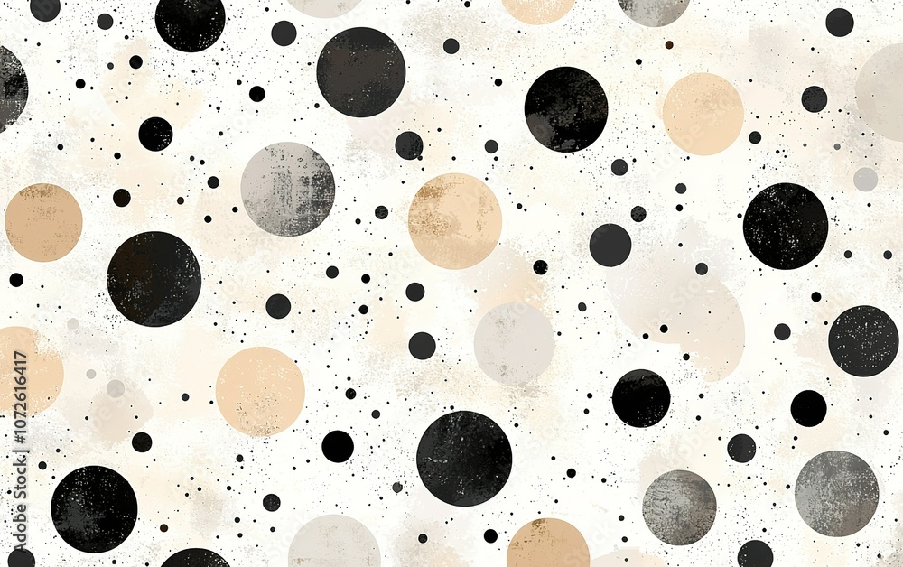 Poster abstract pattern featuring varied circles in black, beige, and white on a textured background suitab
