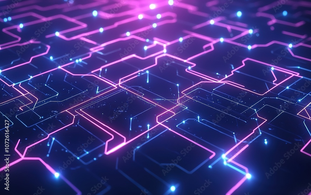 Poster digital network with glowing lines and nodes illuminating a dark background in a vibrant, futuristic