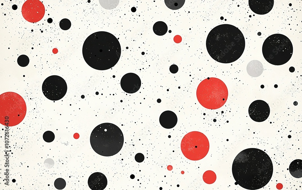 Poster abstract design featuring black, red, and gray circles on a white background, creating a dynamic and