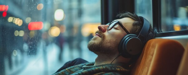 Relaxing Commute with Headphones - A passenger relaxing with headphones in a subway car with a window in the background.