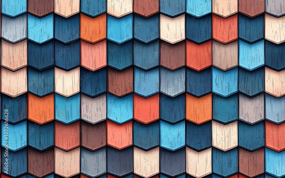 Poster colorful wooden shingles arranged in a repetitive pattern create a vibrant texture on a building fac