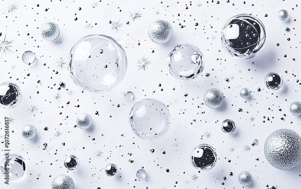 Poster transparent bubbles and sparkling orbs on a light background create a whimsical atmosphere suitable 