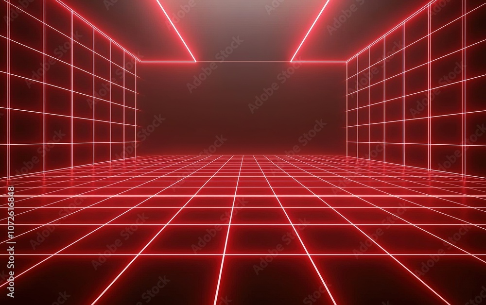 Poster a futuristic room illuminated with vibrant red neon lines creating a grid pattern on the floor and w