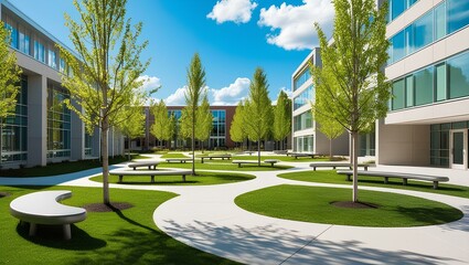 A serene grassy area featuring benches and trees, providing a peaceful outdoor space for relaxation and enjoyment