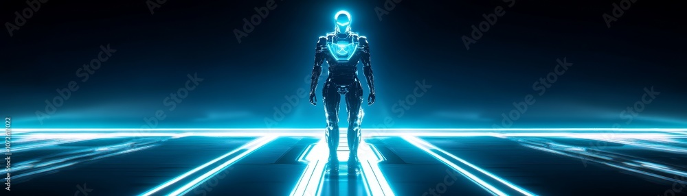 Aufkleber futuristic robot stands boldly in a neon-cyber environment showcasing advanced technology and design