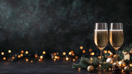 Two champagne glasses on dark surface surrounded by pine branches with golden ornaments and lights