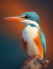 Obraz premium A vibrant kingfisher perched on a branch, its blue and orange feathers contrasting against the warm background.