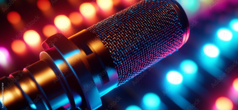 Poster close-up of a microphone with colorful lights in the background.